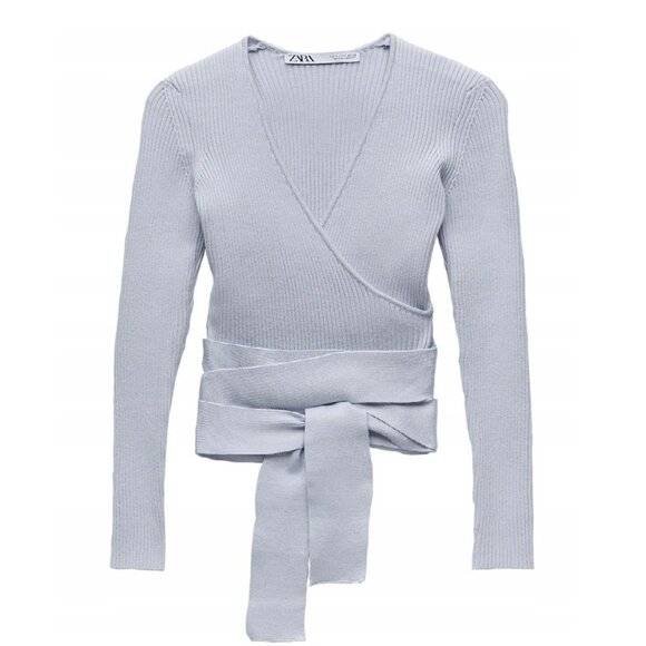 Zara Ribbed Wrap Front Long Sleeve Knit Cardigan Blue Size Small b32E - Picture 2 of 6